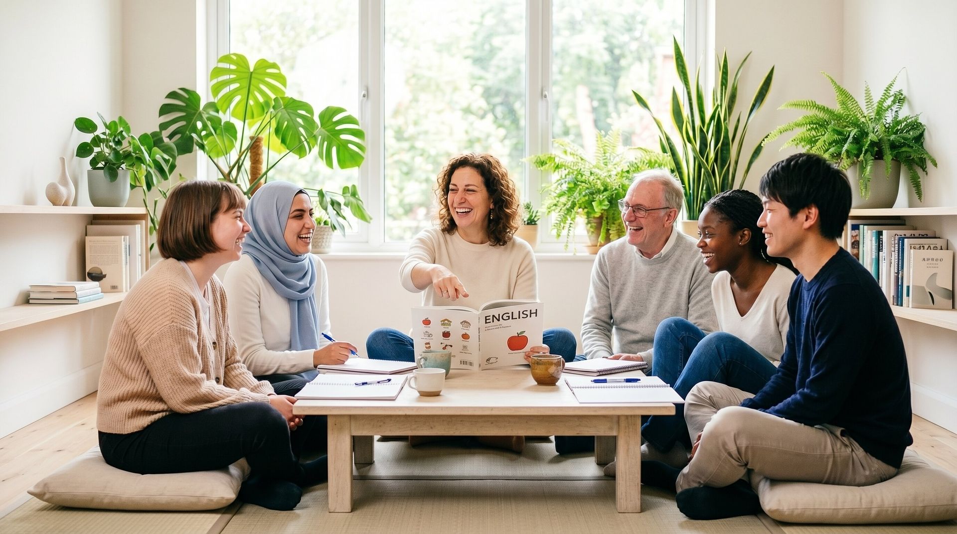 One Teacher having a language lesson with four Students