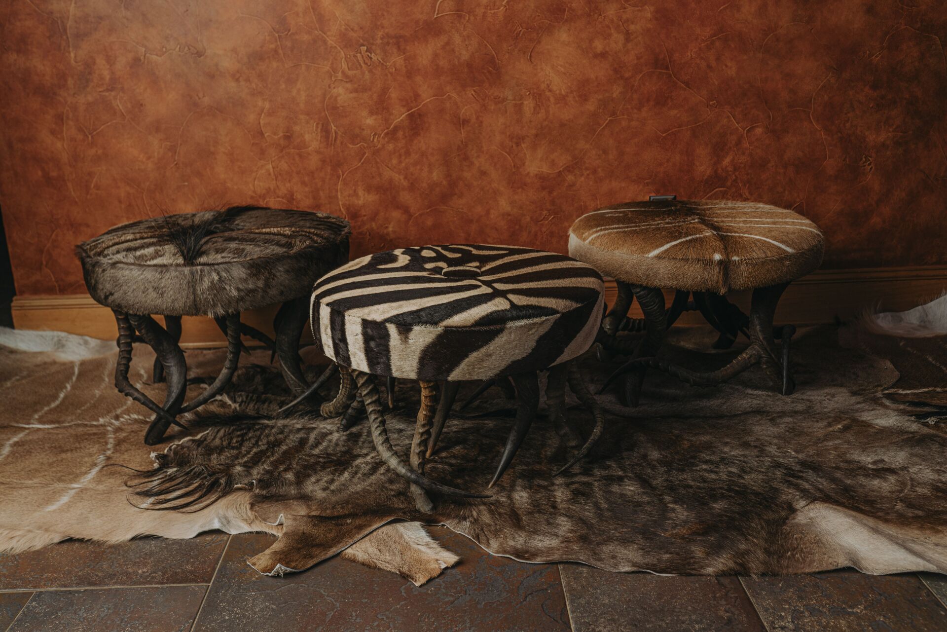 Three zebra print ottomans are sitting on top of a cowhide rug.