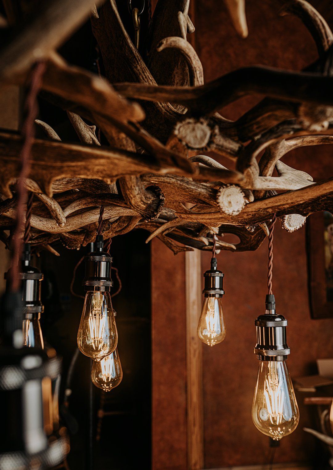 antler chandelier with Edison bulbs