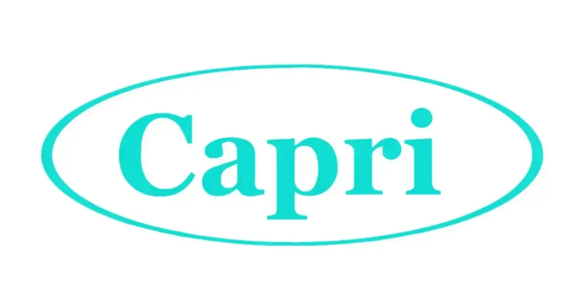The logo for capri is a blue oval on a white background.