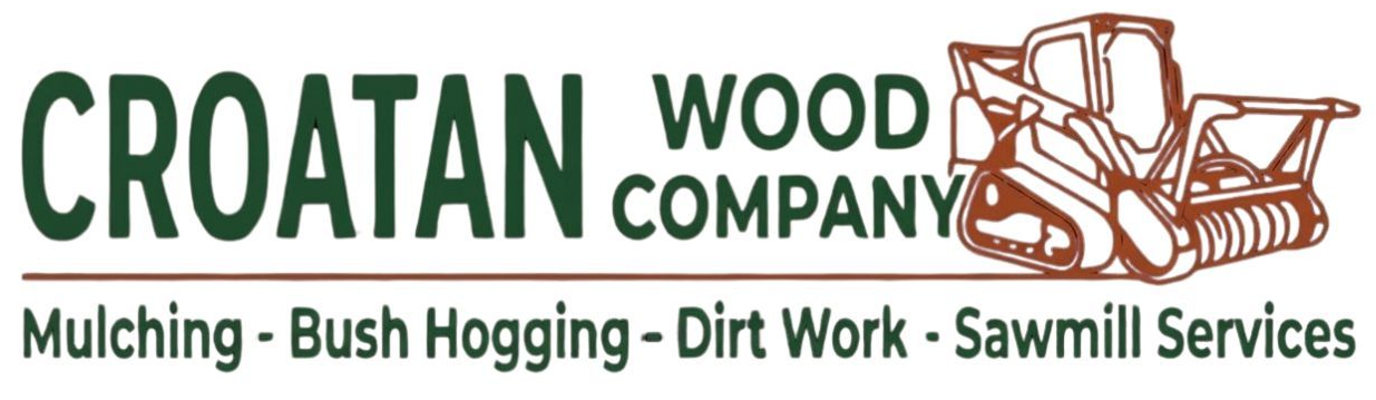 Logo for "Croatan Wood Company" with a green text outline, an orange forestry machine, a chainsaw, and a stack of logs.