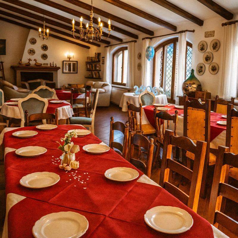 Interno del ristorante con tovaglie rosse, tavoli apparecchiati, sedie in legno e un lampadario.