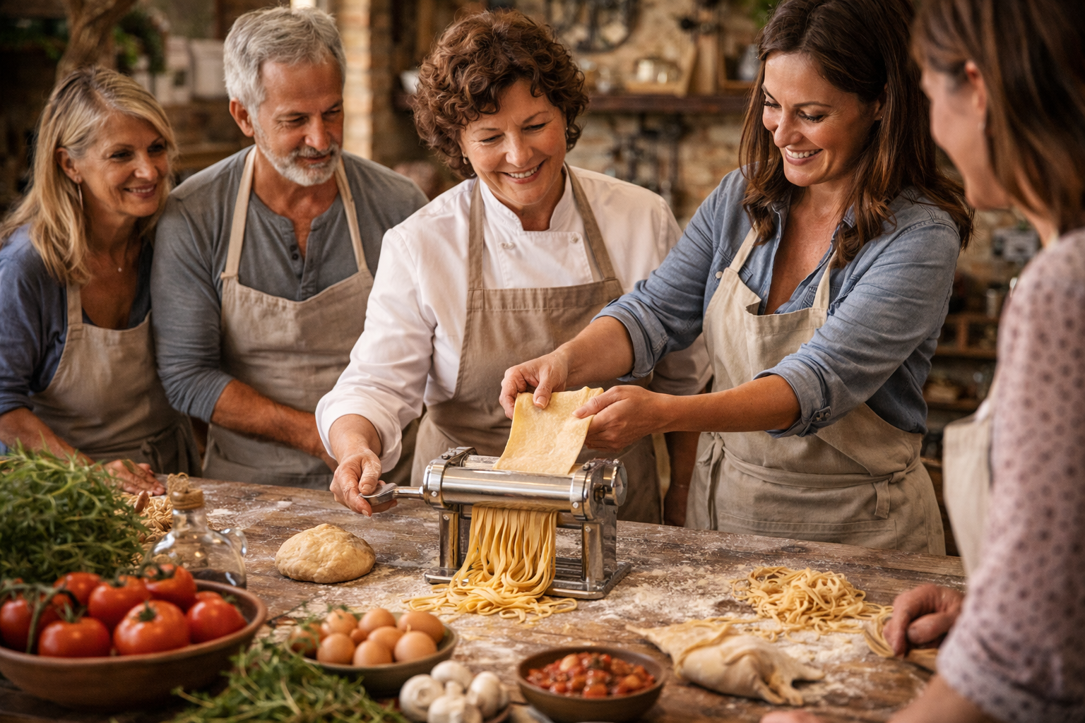 Persone in cucina che preparano la pasta; una donna usa una macchina per la pasta, altre guardano. Tavolo di legno con gli ingredienti.