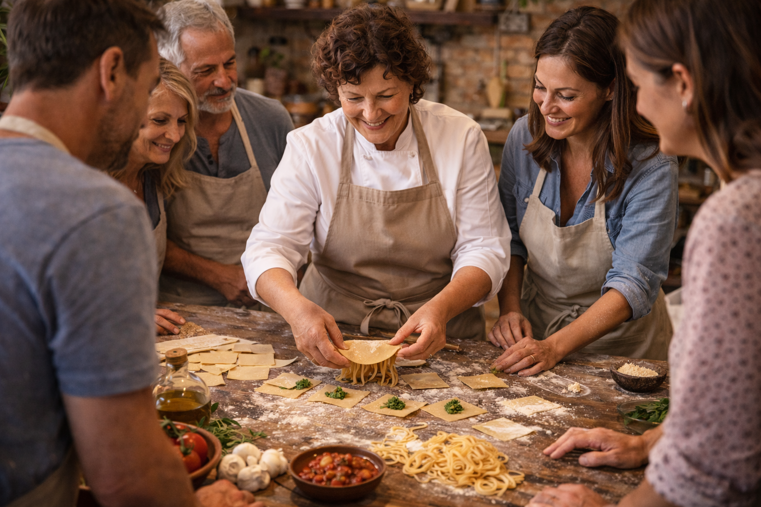 Persone in cucina che preparano la pasta; una donna mostra agli altri come dare forma all'impasto.