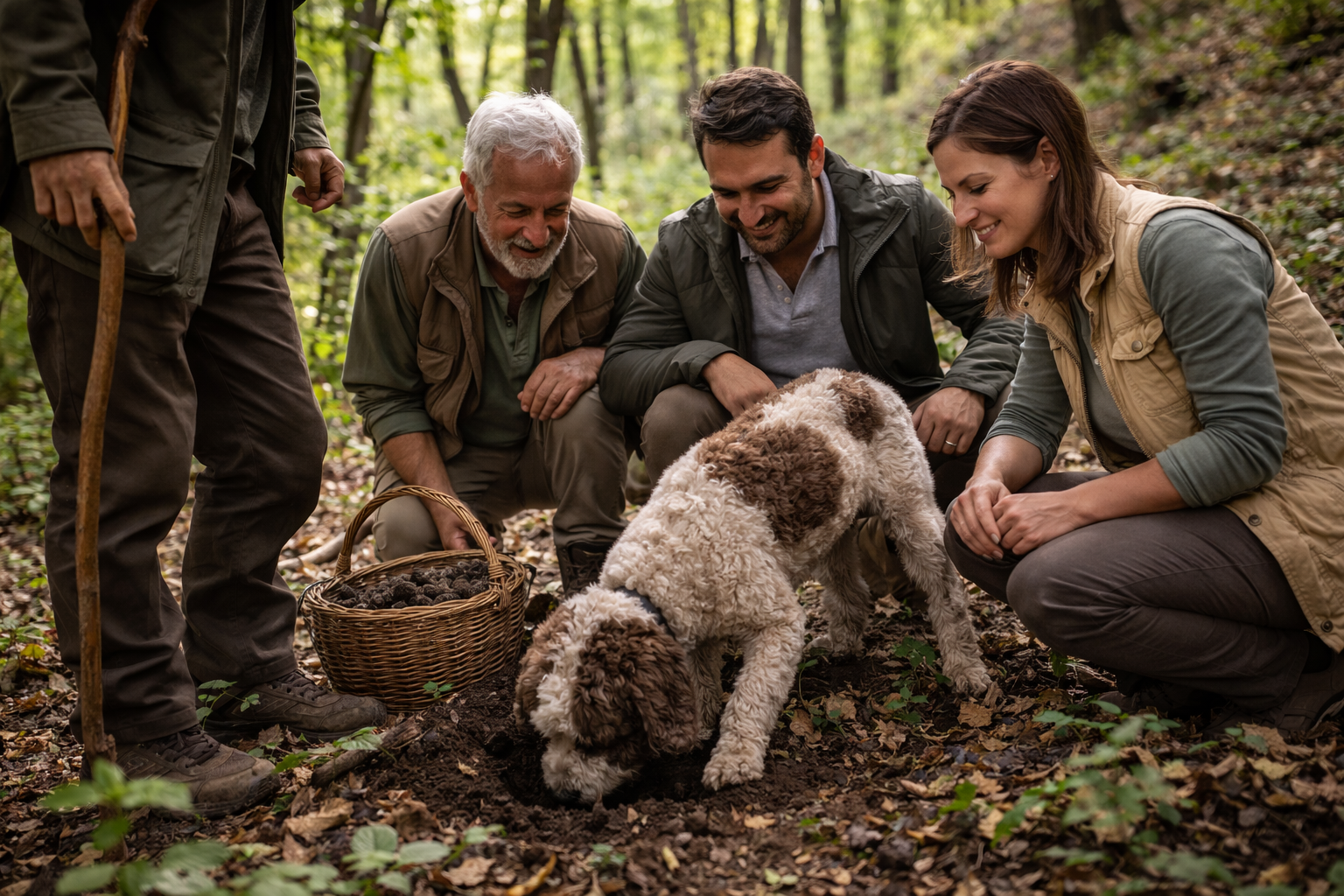 Un gruppo osserva un cane che annusa il terreno alla ricerca di tartufi in un bosco. Le persone si accovacciano attorno al cane, tenendo in mano il cestino e sorridendo.