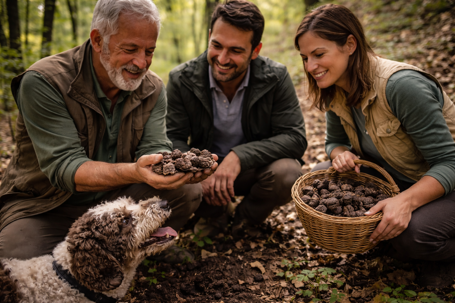 Famiglia e cane a caccia di tartufi in un bosco, sorridenti, con in mano dei tartufi, un cestino e un cane.