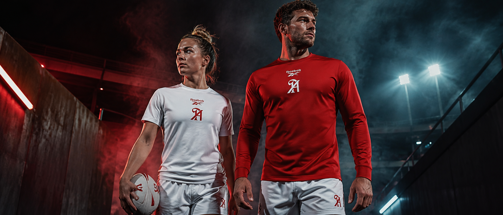 Two soccer players in red and white kits standing in a dramatic stadium tunnel