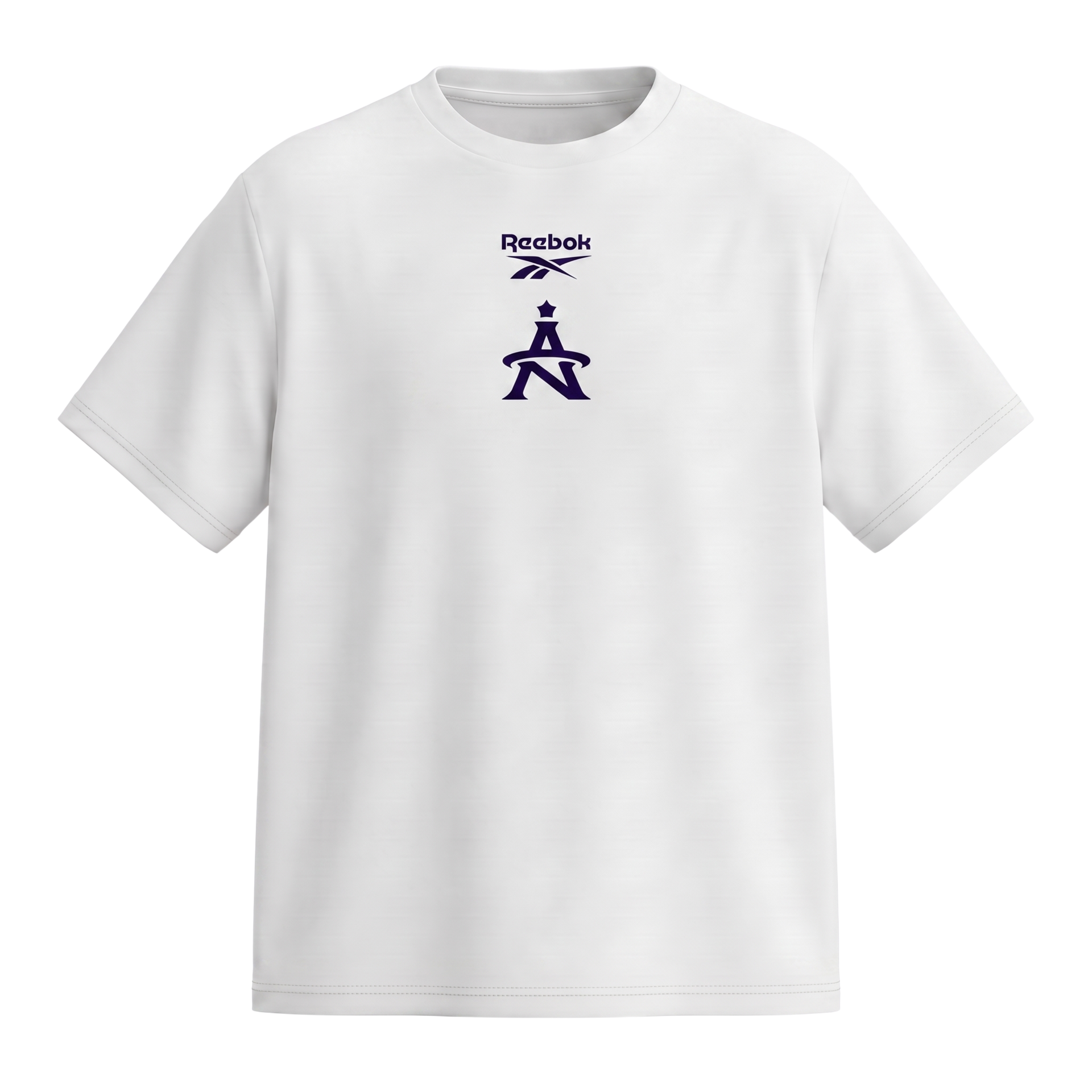 White Reebok T-shirt with a small purple logo on the chest