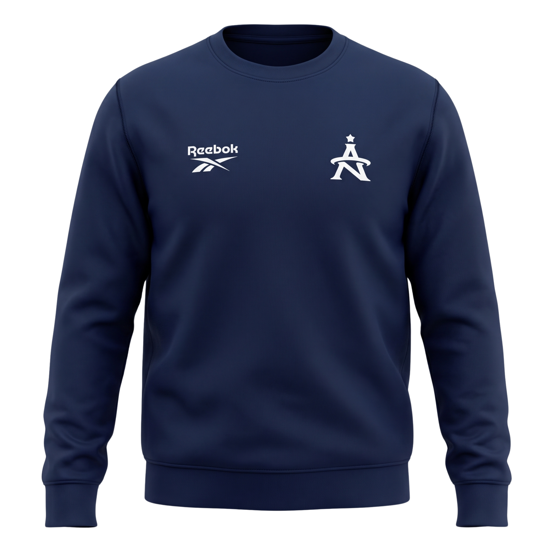 Navy blue Reebok crewneck sweatshirt with white logos on the chest.