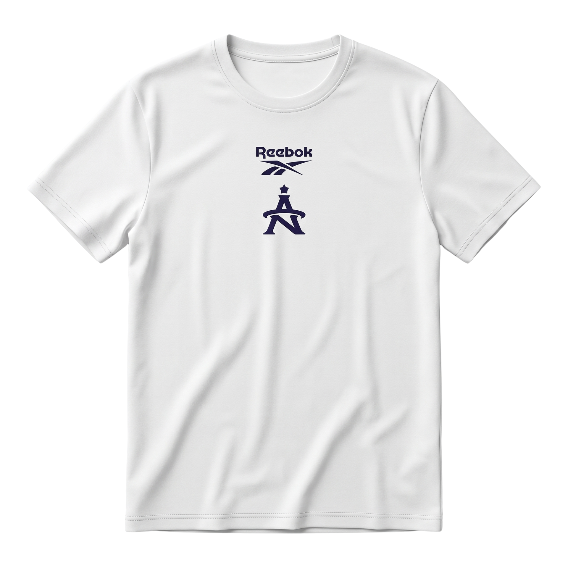 White Reebok T-shirt with small navy logo centered on the chest