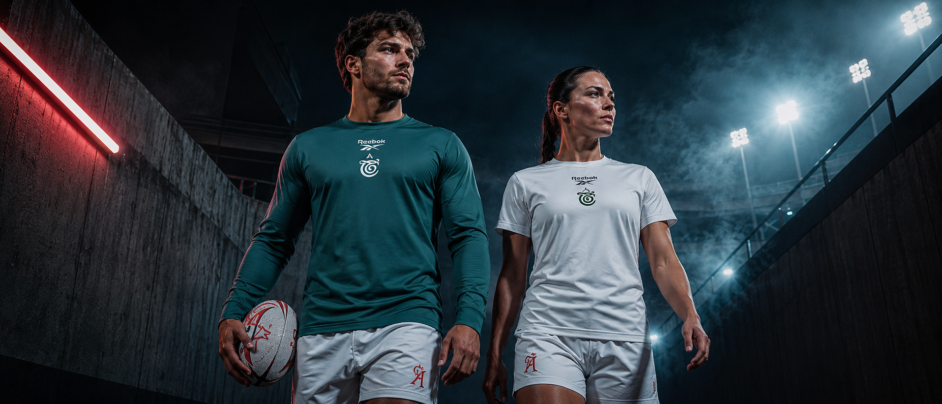 Two soccer players in a stadium tunnel, one in green holding a ball and one in white, walking toward the field