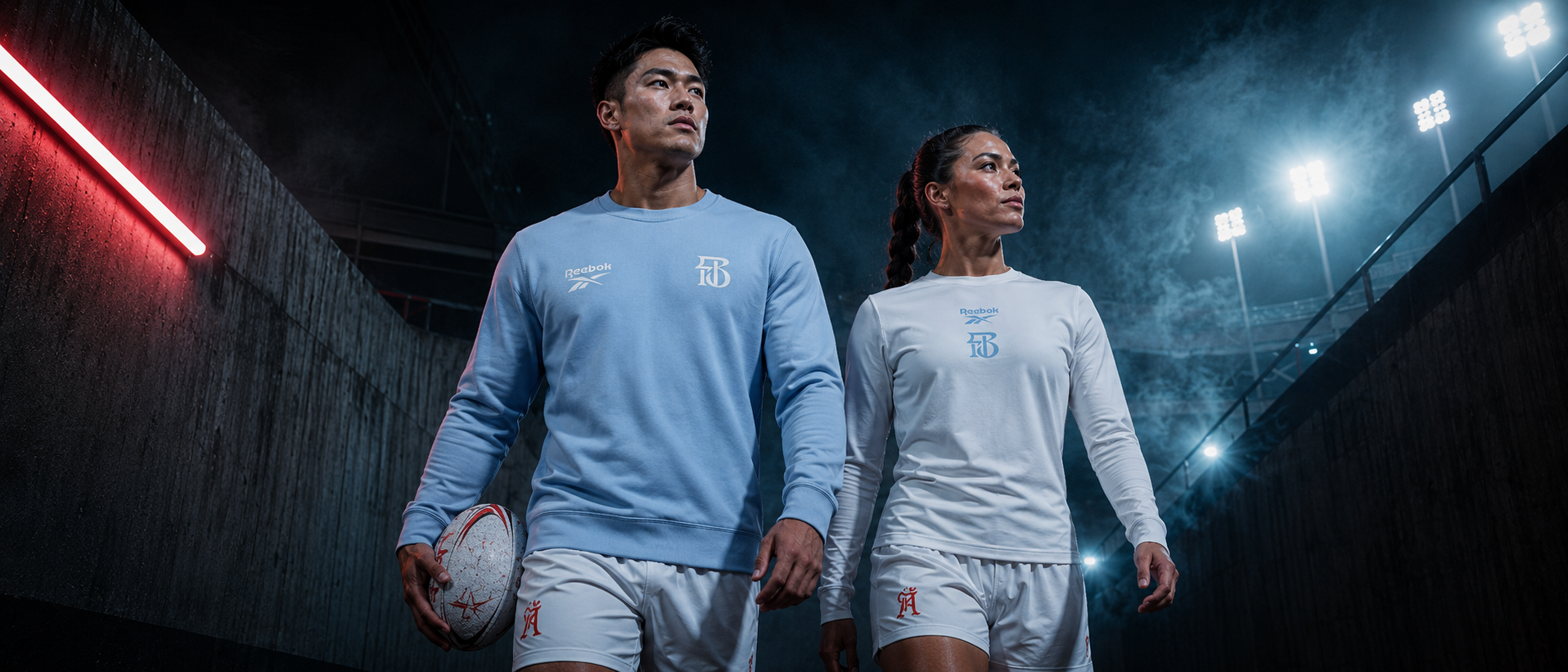 Two athletes in light blue sportswear walking in a dark tunnel, holding footballs under bright stadium lights