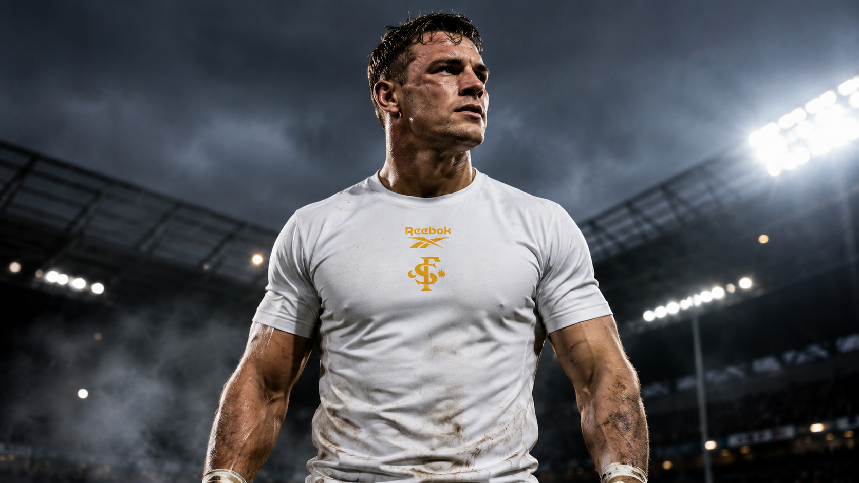 Athlete in white shirt standing in a stadium under bright lights, looking determined