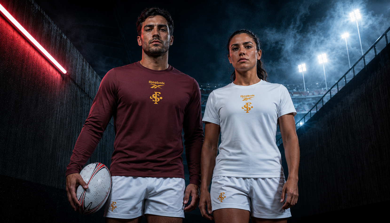 Two rugby players in maroon and white kits standing in a dark stadium, one holding a rugby ball