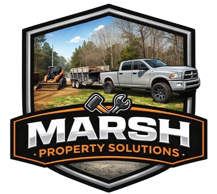 Logo for Marsh Property Solutions featuring a silver pickup truck, trailer, and skid steer inside a shield-shaped frame.