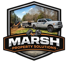 Logo for Marsh Property Solutions featuring a silver pickup truck, trailer, and skid steer inside a shield-shaped frame.