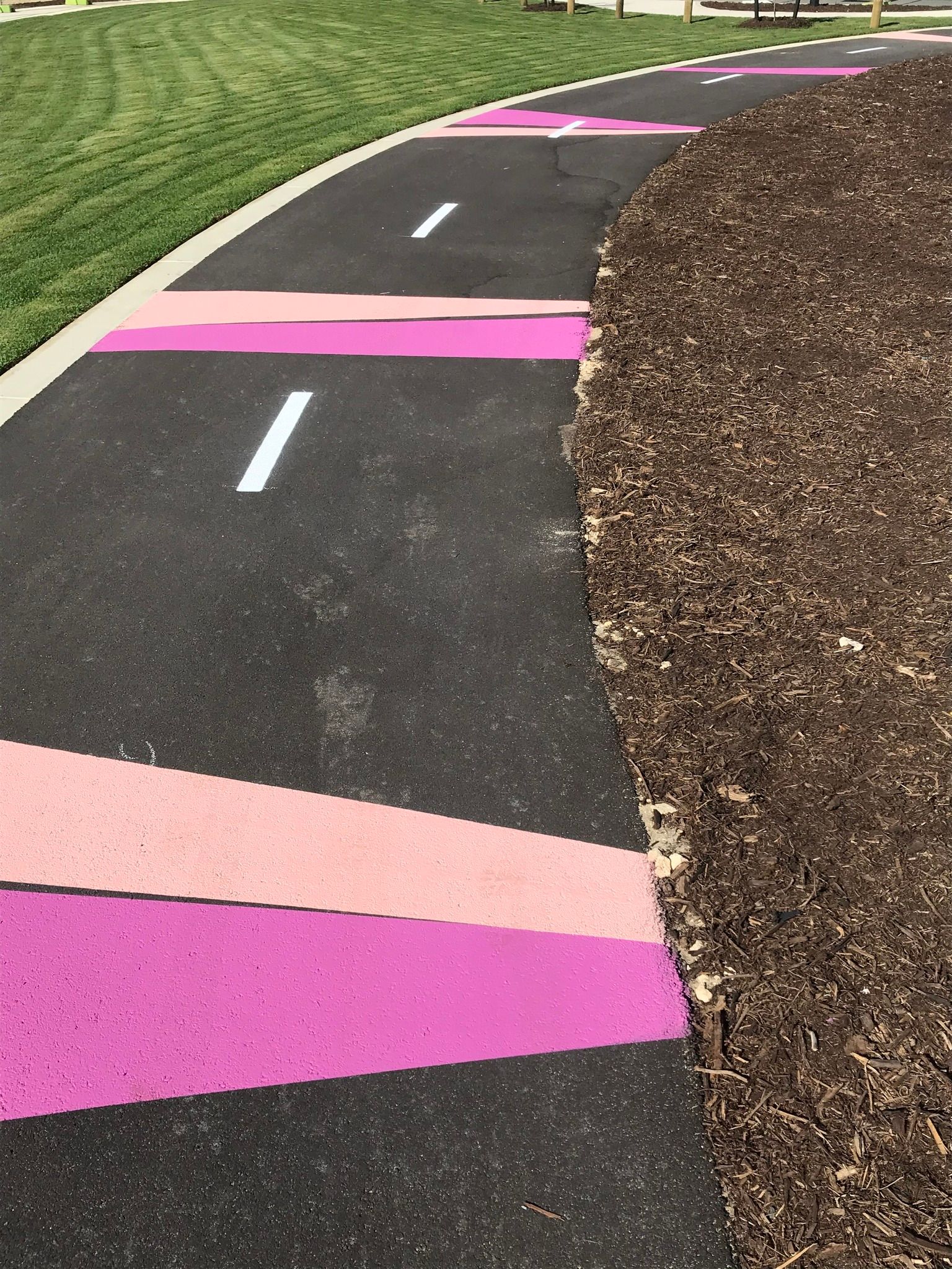 Asphalt path with painted pink and purple geometric patterns and white lines.