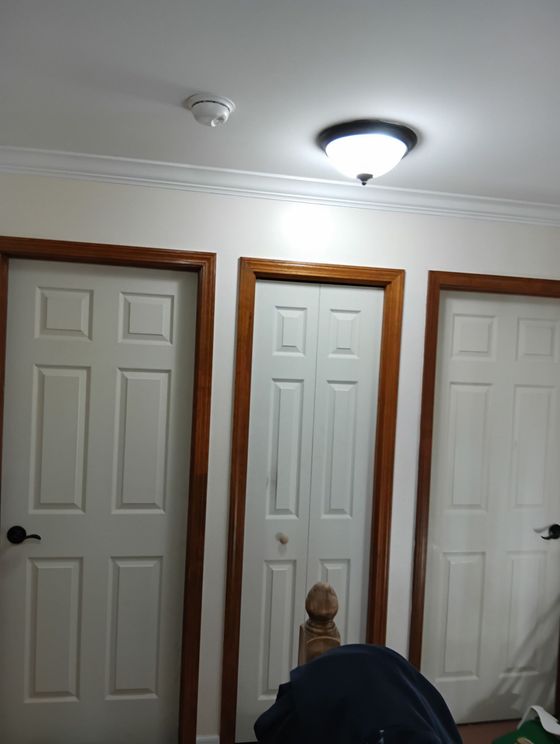 A room with three doors and a light on the ceiling