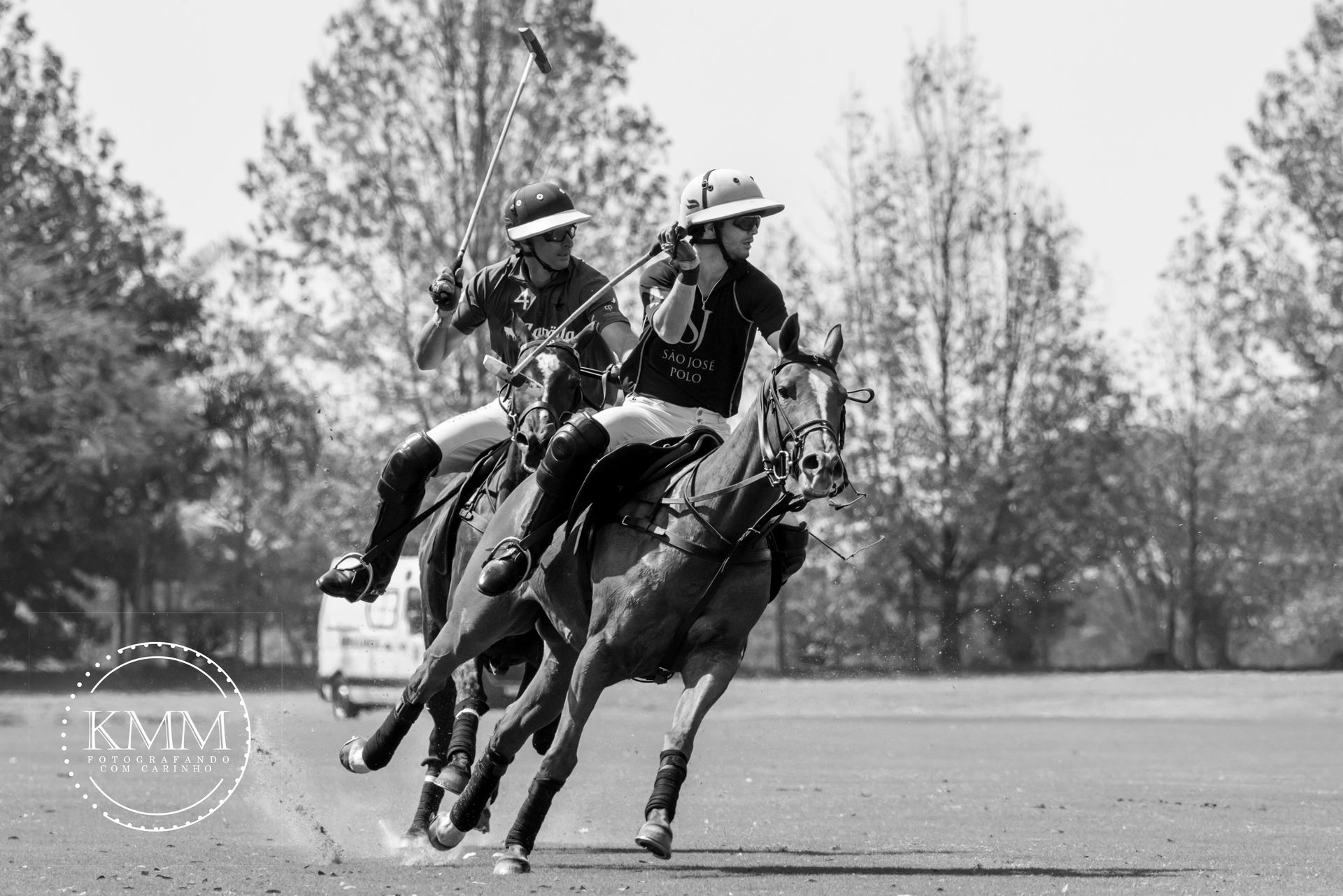 Two polo players on horseback, swinging mallets on a grassy field.