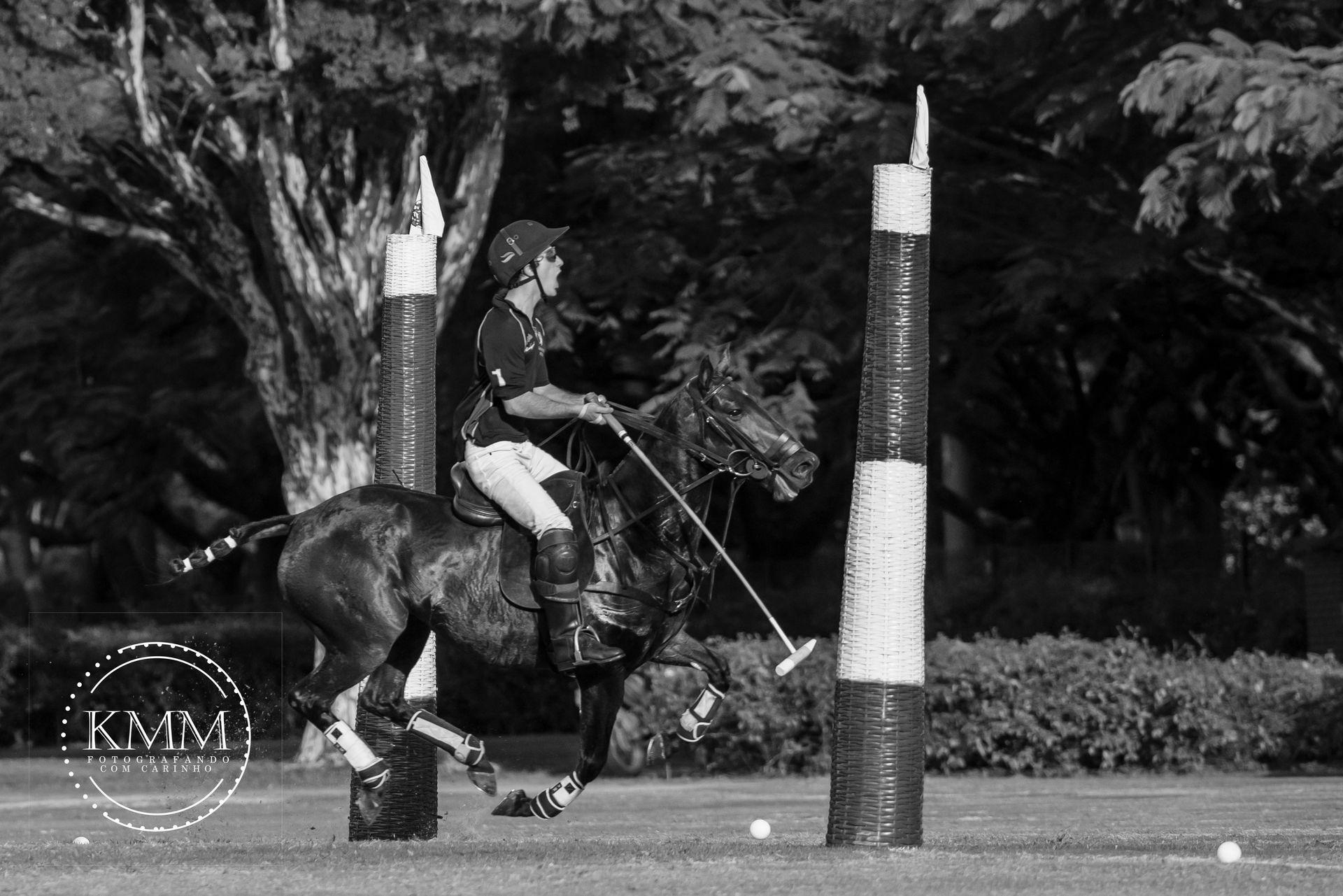 Polo player on a dark horse with mallet, approaching a striped goal post on a grassy field.