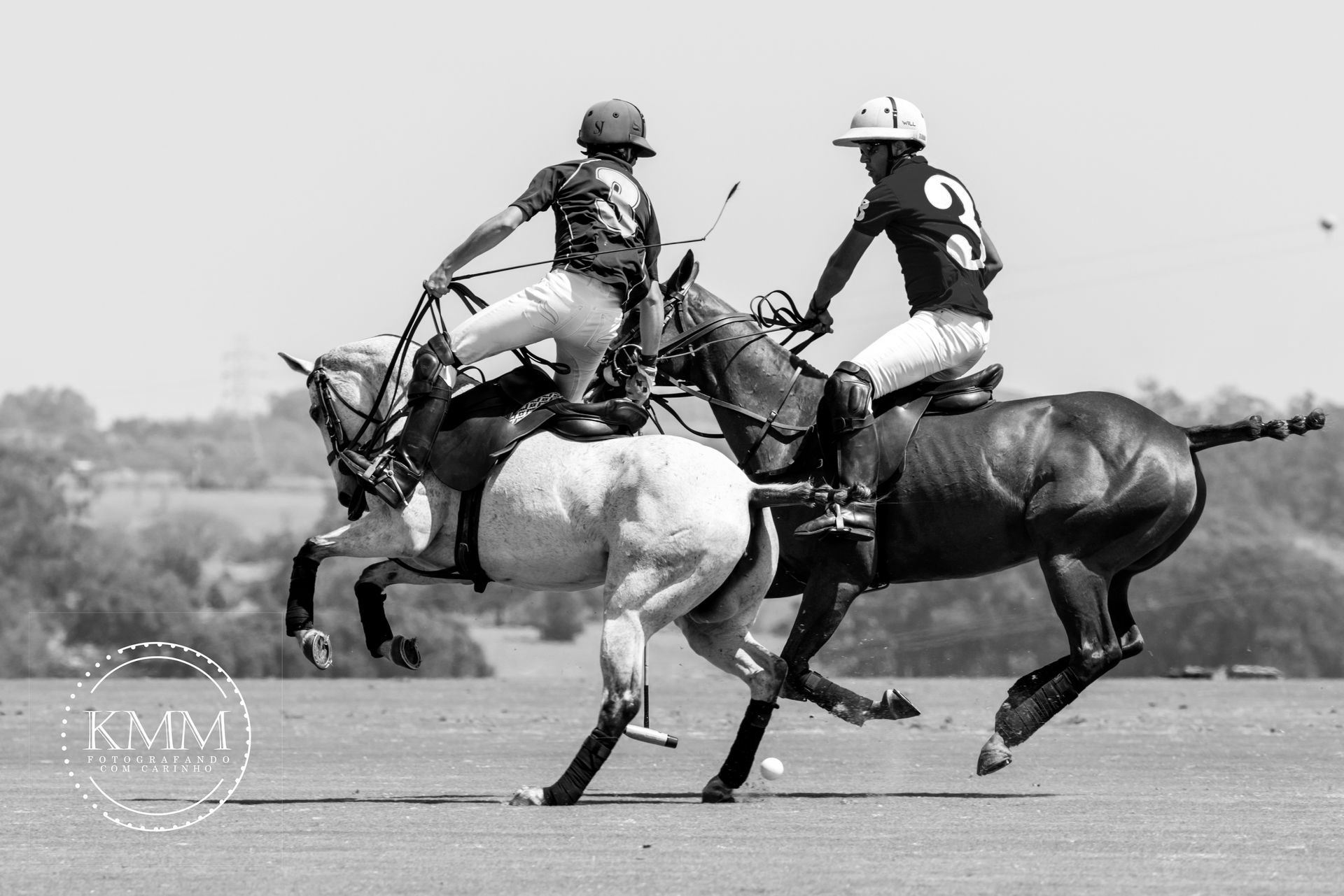 Two polo players on horseback, colliding mid-play on a green field.