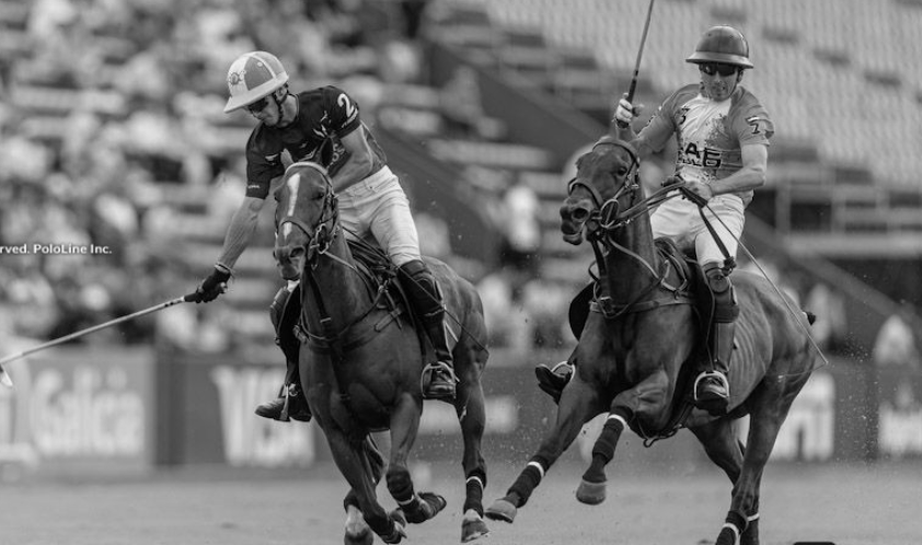 Two polo players on horses swing mallets during a match, one in blue, the other in pink, in a stadium.