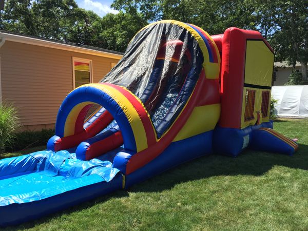 15' x 15' Bounce House with Basketball Hoop and  Dual Lane Slide Combo with Pool