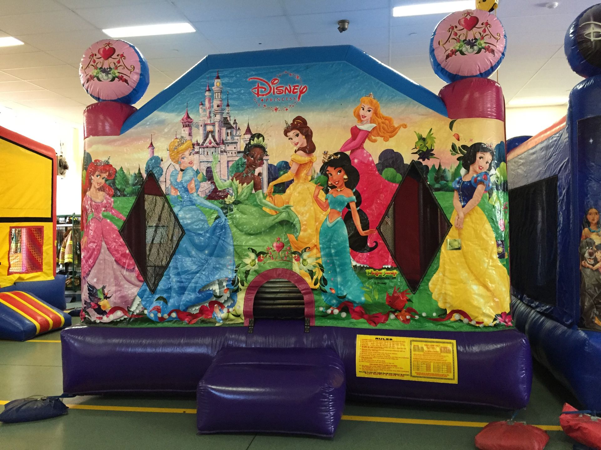 Disney Character Bounce House Inflatable 15' x 15' .  This is amazing fun for all ages, with Snow White, Jasmine, Tiana, Belle, Cinderella, Ariel, Tiana the princesses are all here for a day of fun.