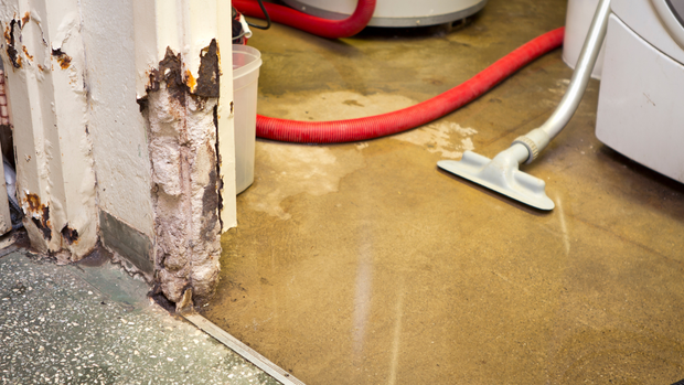 A vacuum cleaner is being used to clean a dirty floor in a basement.