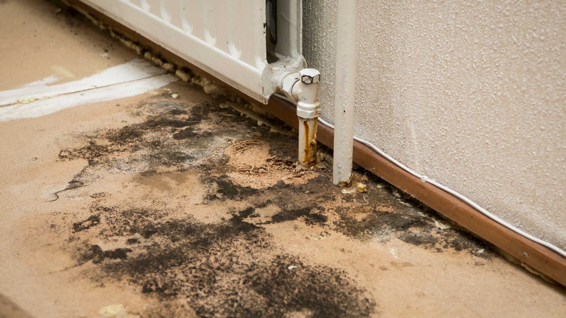 A close up of a dirty floor next to a radiator.