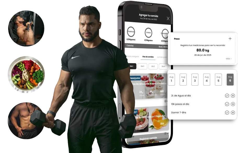 Muscular man holding weight, with a phone showing a fitness app and food images. JUNIOR WORKOUT