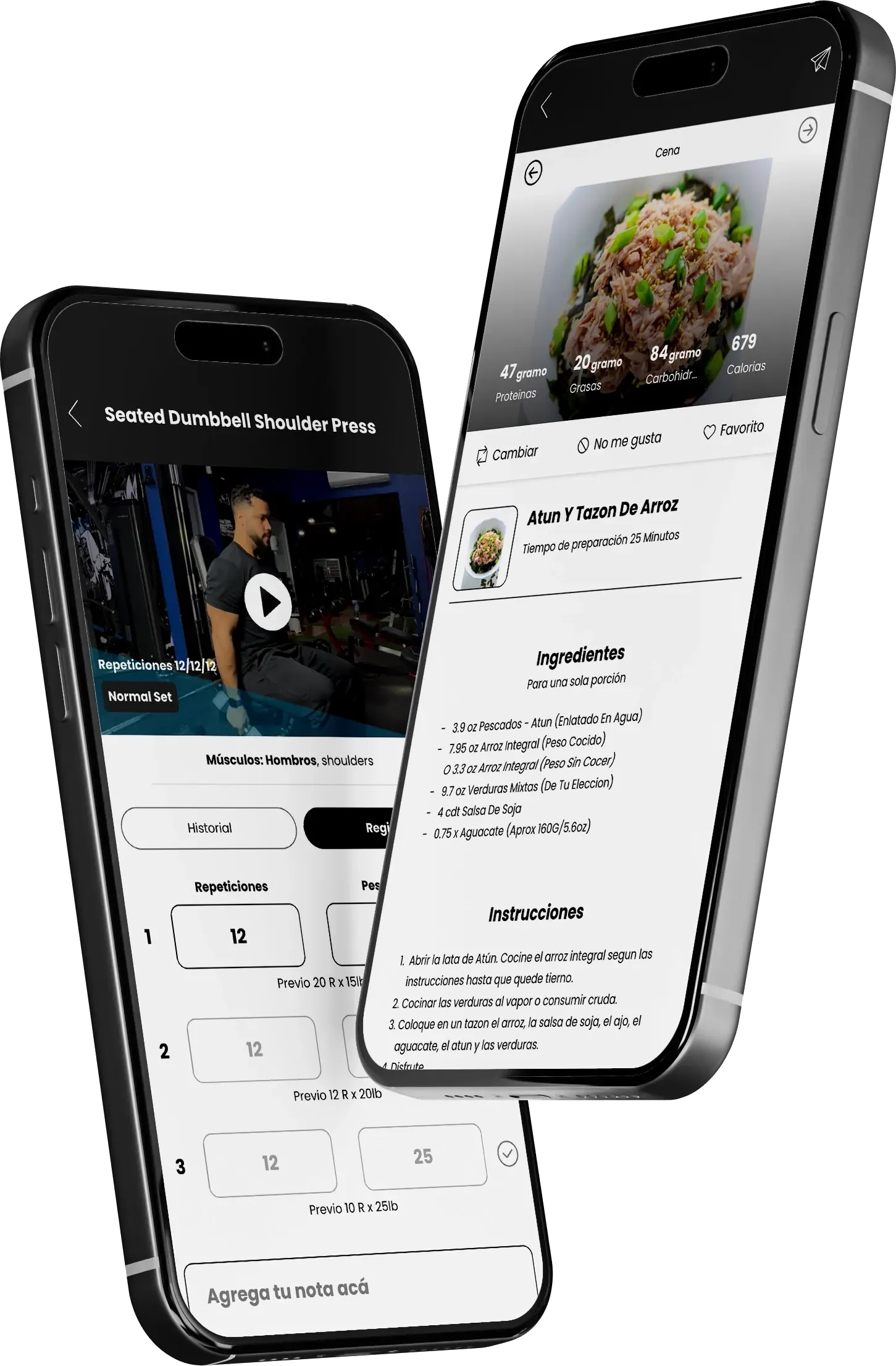 Two smartphones showing a food delivery app interface on black and white screens