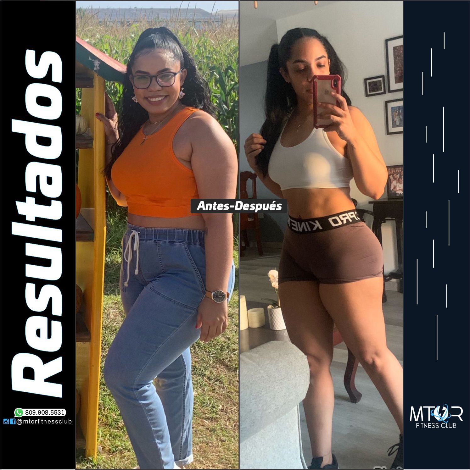 Antes e depois de emagrecimento: mulher em top marrom e jeans, com a legenda “Resultados”.