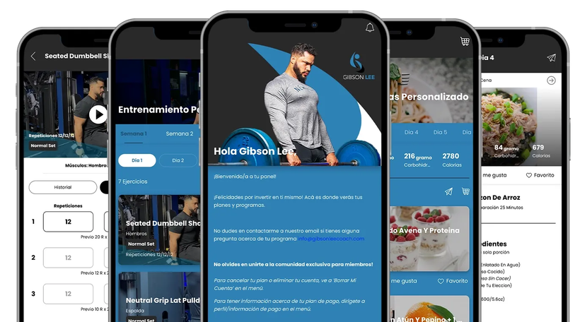 Overlapping smartphone screens showing a blue mobile app interface with photos and text.
