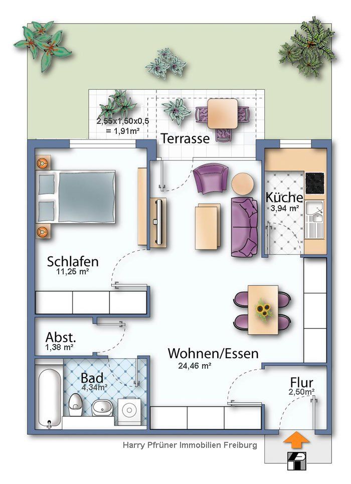 Grundriss einer kleinen Wohnung mit Terrasse, Schlafzimmer, Wohn-/Esszimmer, Küche, Bad und Flur.