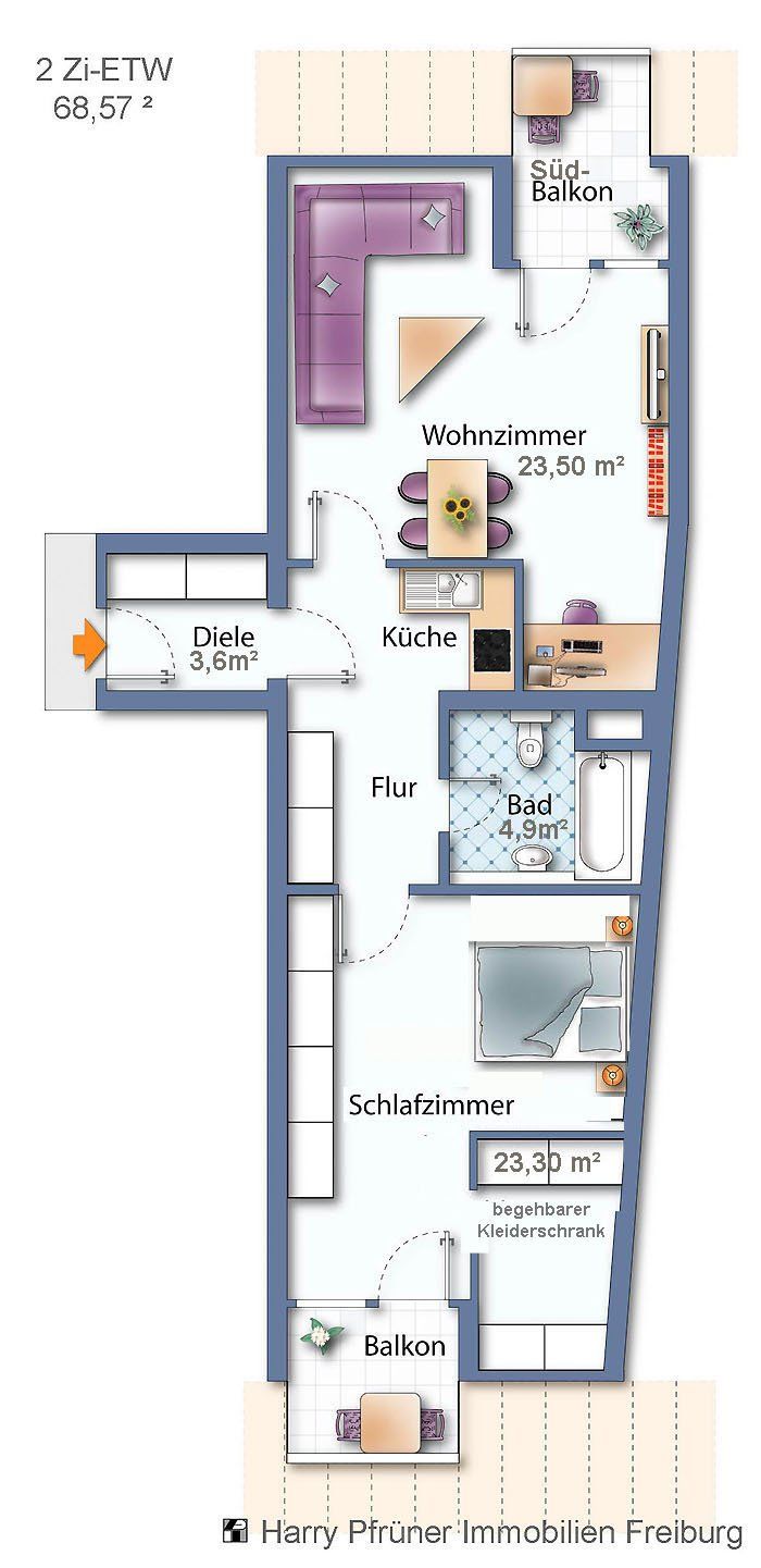 Grundriss einer Wohnung mit Küche, Wohnzimmer, Schlafzimmer und Balkon.