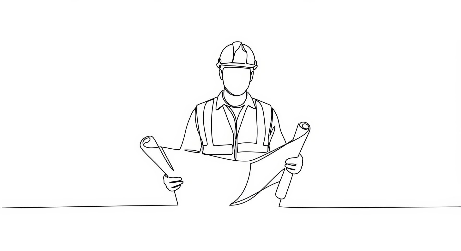 Dessin au trait d'un ouvrier du bâtiment portant un casque de sécurité, tenant et examinant des plans.