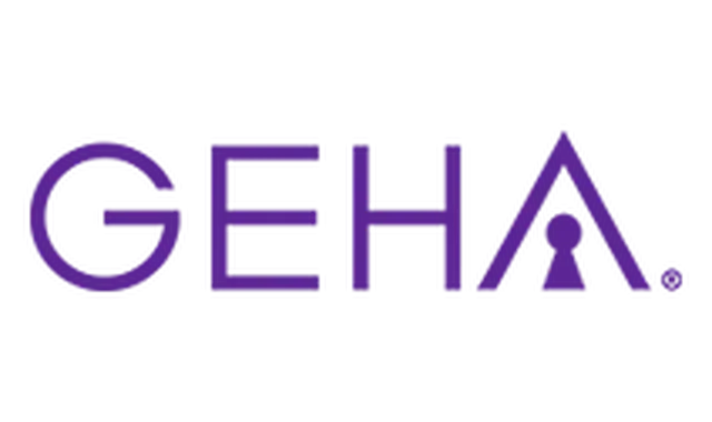 A purple logo for geha with a keyhole in the middle