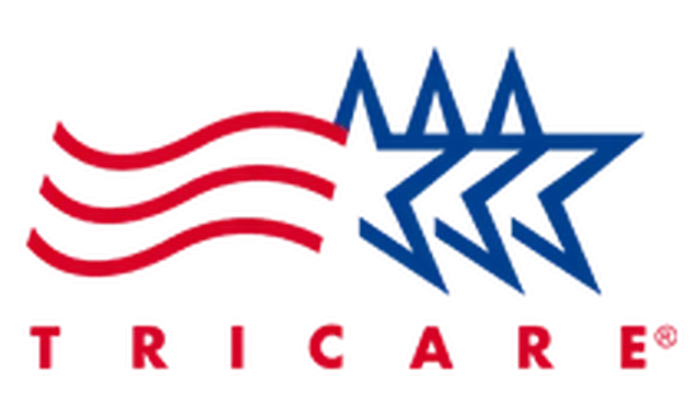 A red white and blue logo for tricare