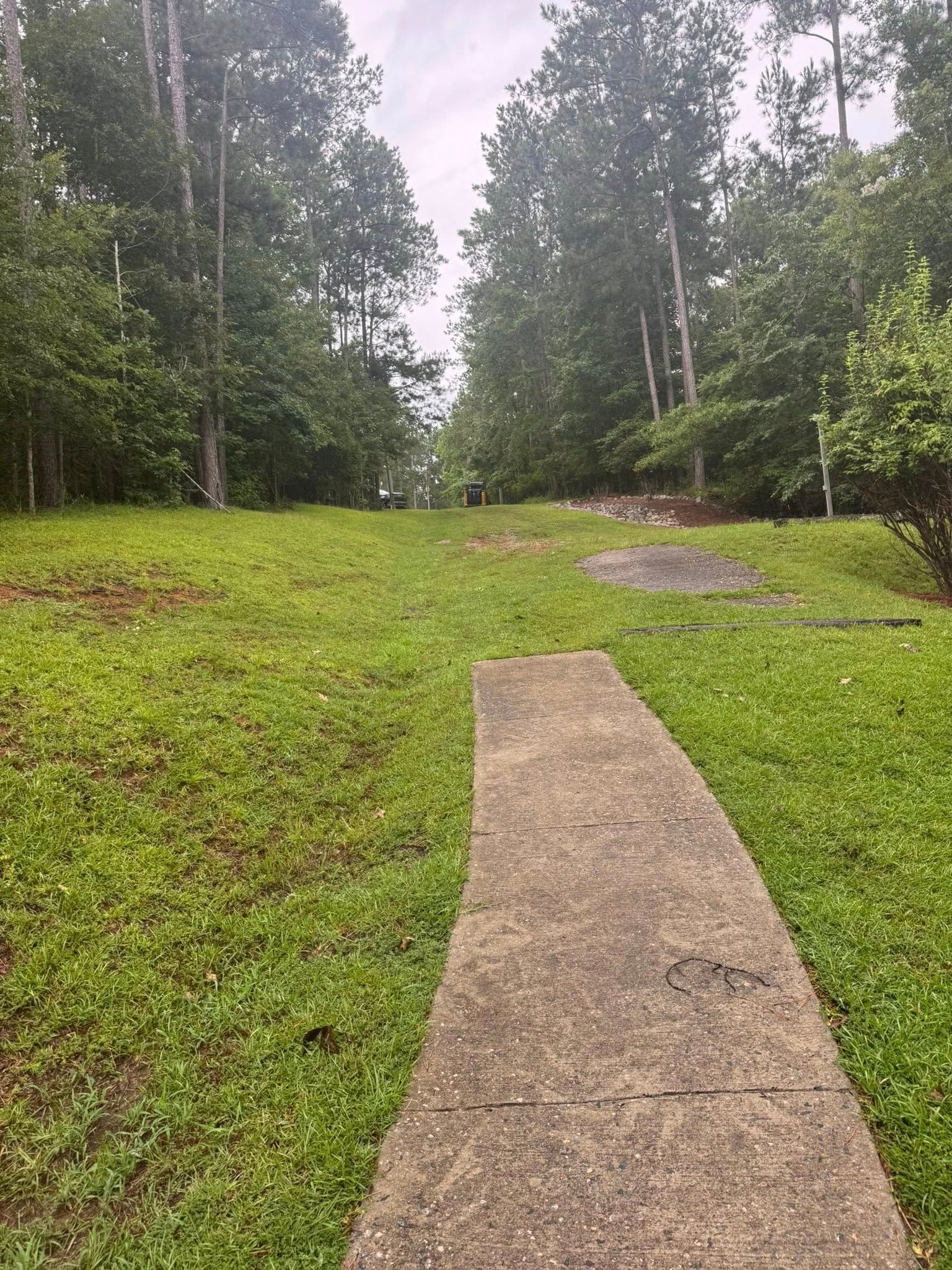 Concrete path through grassy area, leading uphill toward trees and a cloudy sky.
