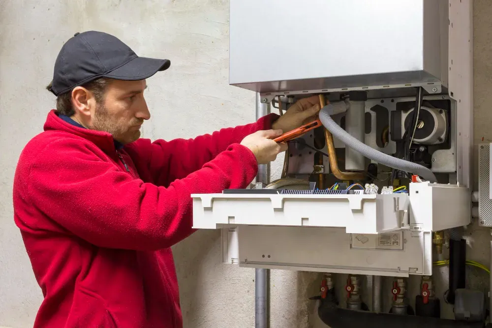 Man in red jacket repairs a furnace. He wears a black cap and uses a wrench. Indoors, neutral wall.