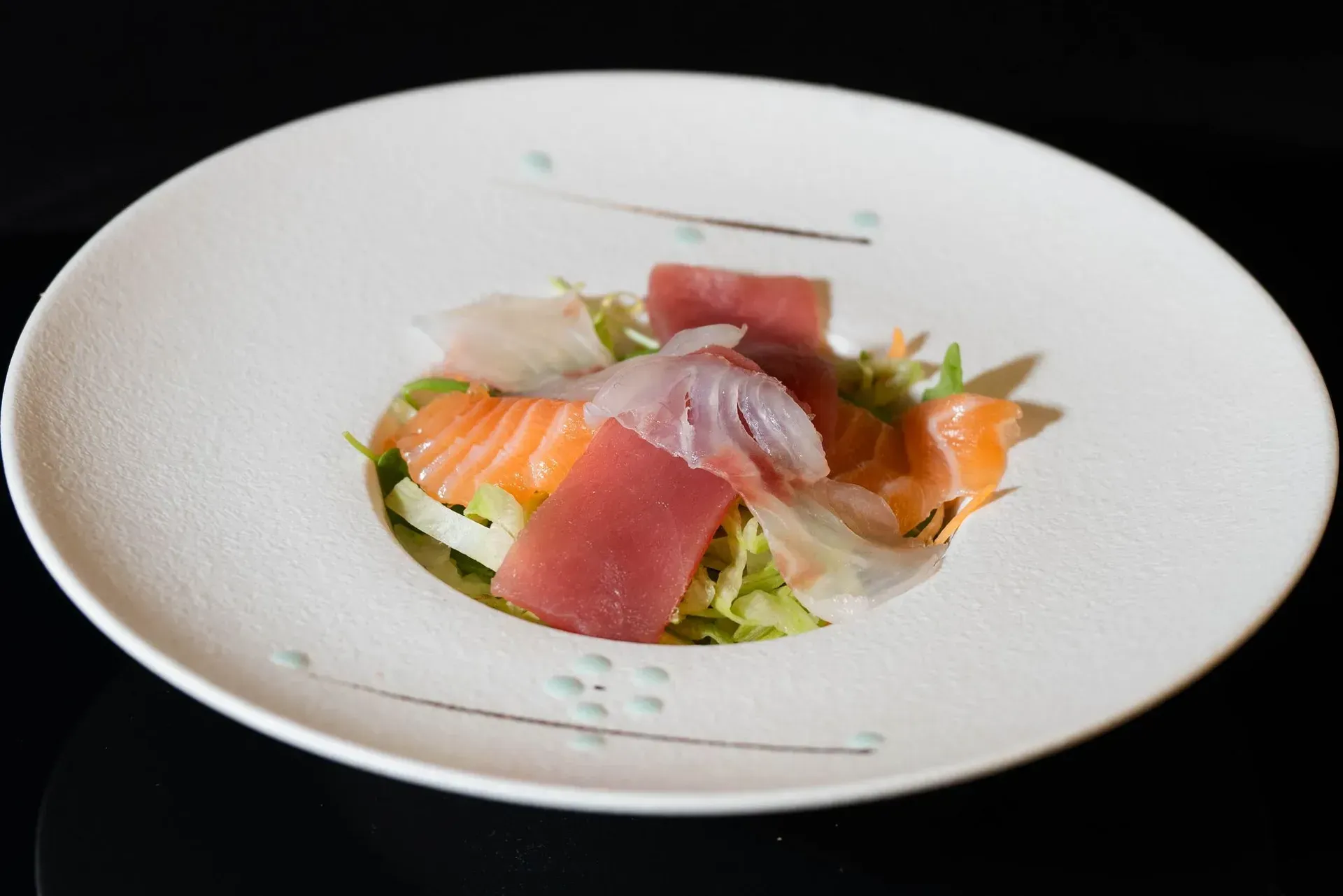 Piatto bianco con assortimento di sushi e sashimi su un letto di verdure su sfondo nero.