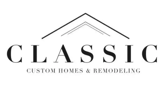 Logo for "Classic Custom Homes & Remodeling" with a roof outline above the word "CLASSIC".