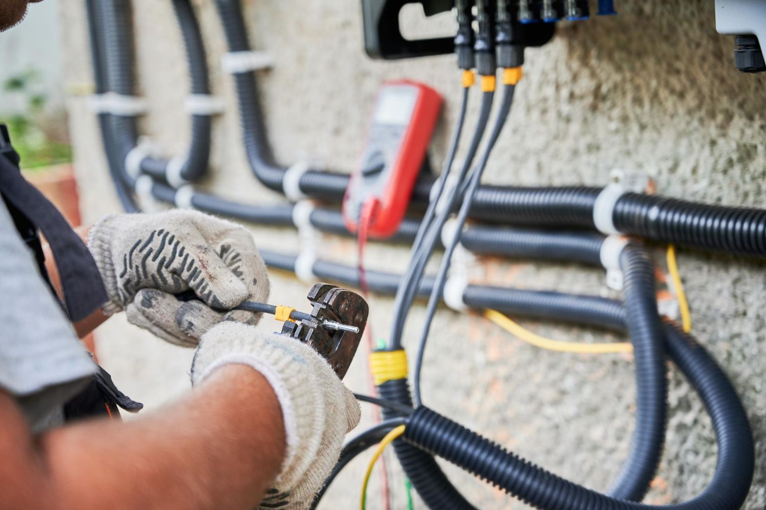 An electrician is working on a wall with wires.