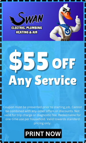 A coupon for swan electric plumbing heating and air offers a $ 55 off any service.