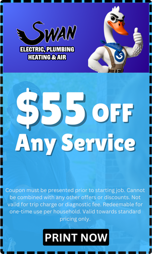 A coupon for swan electric plumbing heating and air offers a $ 55 off any service.