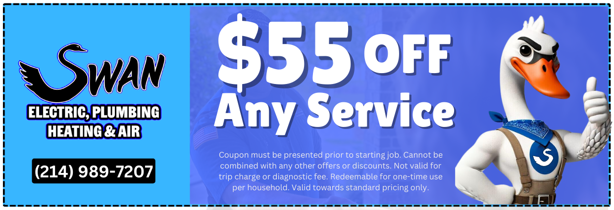 A coupon for $ 55 off any service from swan electric plumbing heating and air