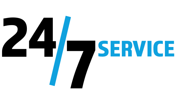 The logo for 24/7 service is black and blue on a white background.