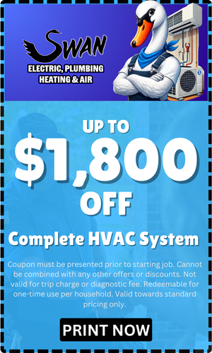 Swan electric plumbing heating & air is offering a complete hvac system for $ 1,800 off.