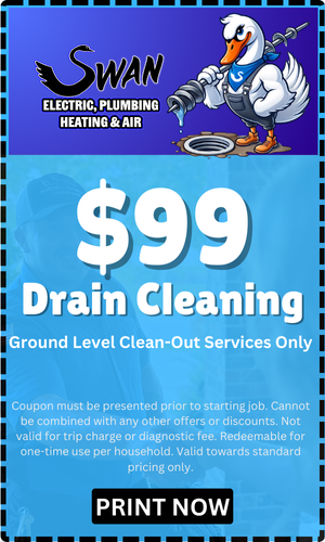 A coupon for $ 99 drain cleaning from swan electric , plumbing , heating and air.